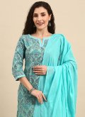 Turquoise Cotton  Floral Print Straight Salwar Kameez for Ceremonial - 1