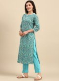 Turquoise Cotton  Floral Print Straight Salwar Kameez for Ceremonial - 2