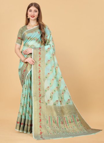 Turquoise Cotton Silk Border Casual Saree for Fest