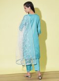 Turquoise Cotton Silk Embroidered Pant Style Suit for Casual - 2