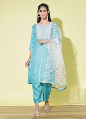 Turquoise Cotton Silk Embroidered Pant Style Suit 