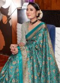 Turquoise Designer Saree in Pashnima Silk with Digital Print - 1