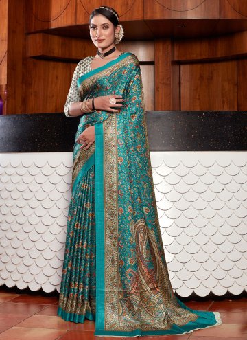 Turquoise Designer Saree in Pashnima Silk with Digital Print