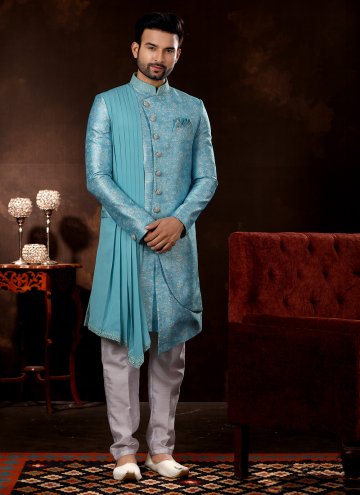Turquoise Fancy Fabric Embroidered Sherwani for Ceremonial