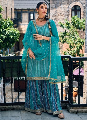 Turquoise Faux Georgette Embroidered Palazzo Suit for Ceremonial