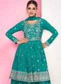 Turquoise Georgette Embroidered A Line Lehenga Choli for Reception - 1