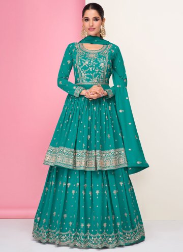 Turquoise Georgette Embroidered A Line Lehenga Choli for Reception