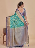 Turquoise Kanjivaram Silk Woven Trendy Saree for Party - 1