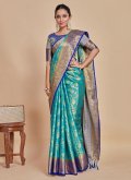 Turquoise Kanjivaram Silk Woven Trendy Saree for Party - 2