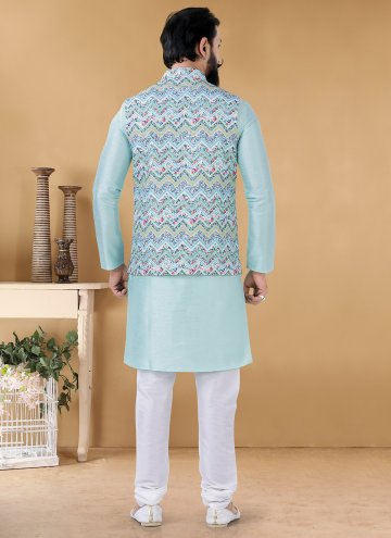 Turquoise Kurta Payjama With Jacket in Cotton  with Printed
