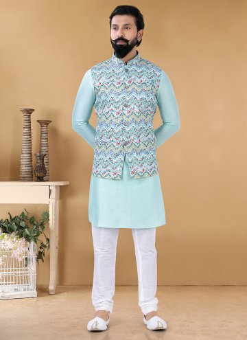 Turquoise Kurta Payjama With Jacket in Cotton  with Printed