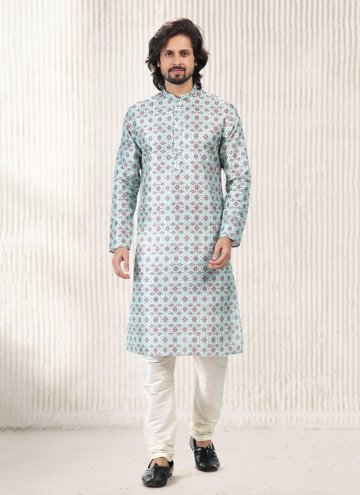 Turquoise Kurta Pyjama in Banarasi Jacquard with F