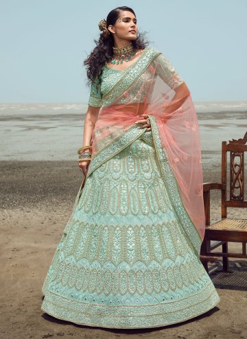 Turquoise Lehenga Choli in Organza with Embroidered