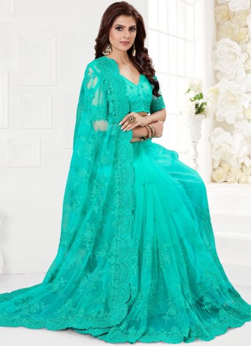 Turquoise Net Embroidered Classic Designer Saree for Ceremonial