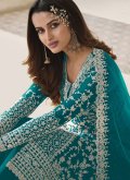 Turquoise Net Embroidered Trendy Salwar Suit for Ceremonial - 1