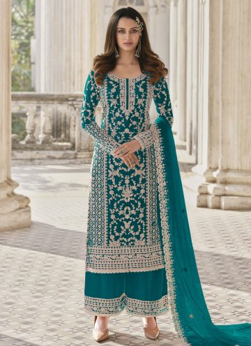 Turquoise Net Embroidered Trendy Salwar Suit for C