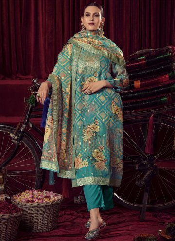 Turquoise Salwar Suit in Organza with Digital Print