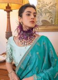 Turquoise Satin Embroidered Traditional Saree for Party - 1