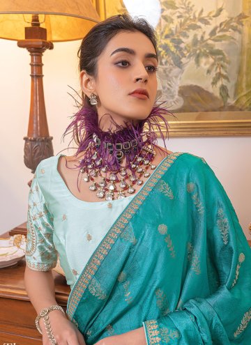 Turquoise Satin Embroidered Traditional Saree for Party