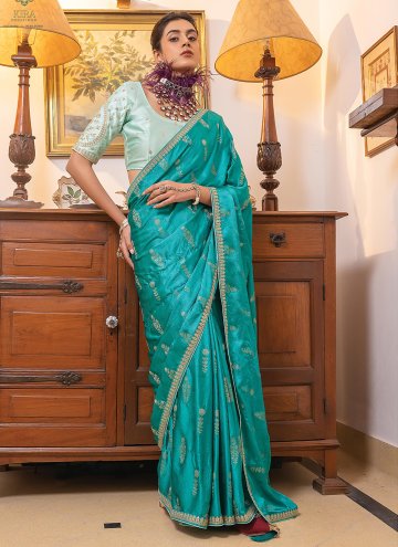 Turquoise Satin Embroidered Traditional Saree for 