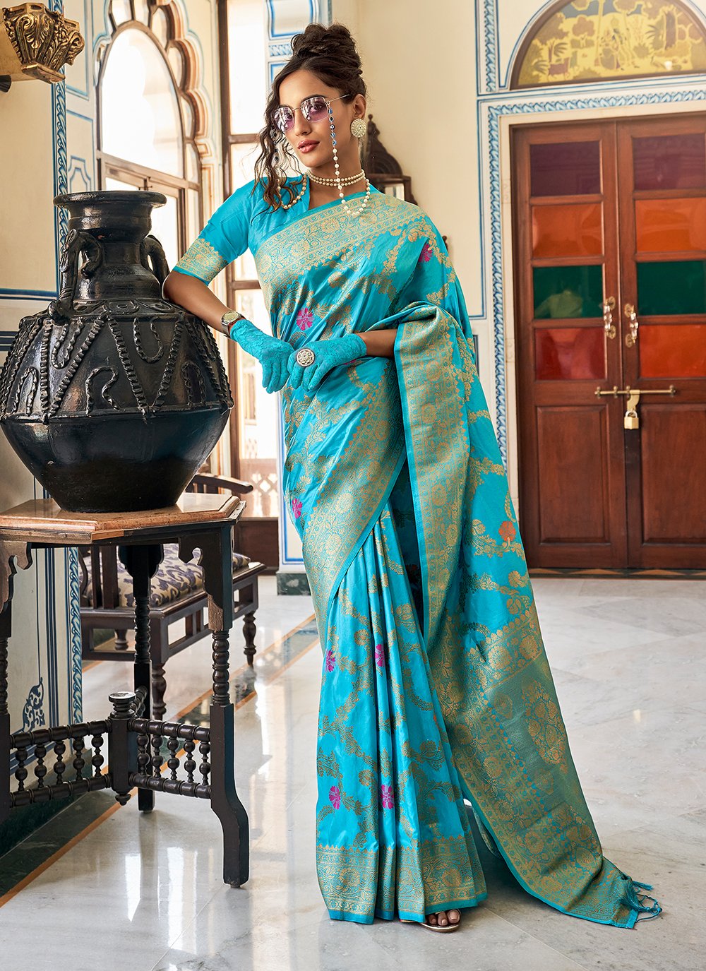 Turquoise Silk Woven Classic Designer Saree