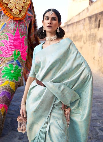 Turquoise Traditional Saree in Handloom Silk with Woven