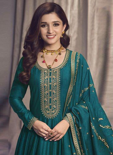 Turquoise Trendy Salwar Suit in Silk with Embroidered
