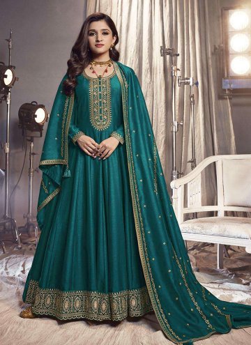 Turquoise Trendy Salwar Suit in Silk with Embroidered