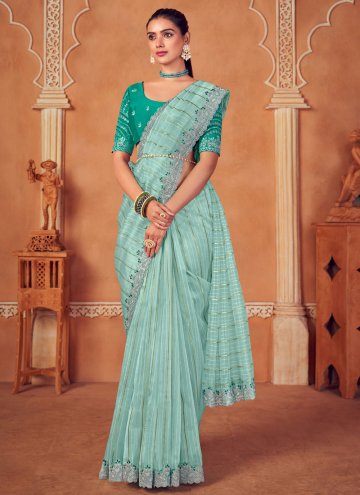 Turquoise Trendy Saree in Organza with Embroidered