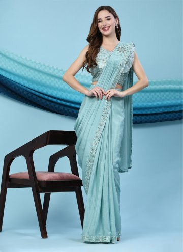 Turquoise Trendy Saree in Satin Silk with Embroidered