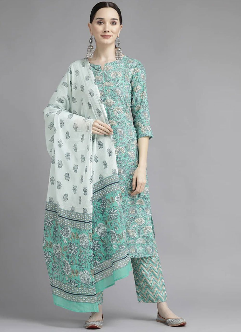 Turquoise Trendy Suit in Cotton  with Printed