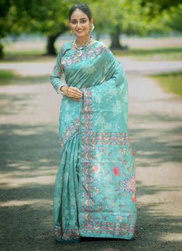 Turquoise Tussar Silk Embroidered Trendy Saree for Ceremonial
