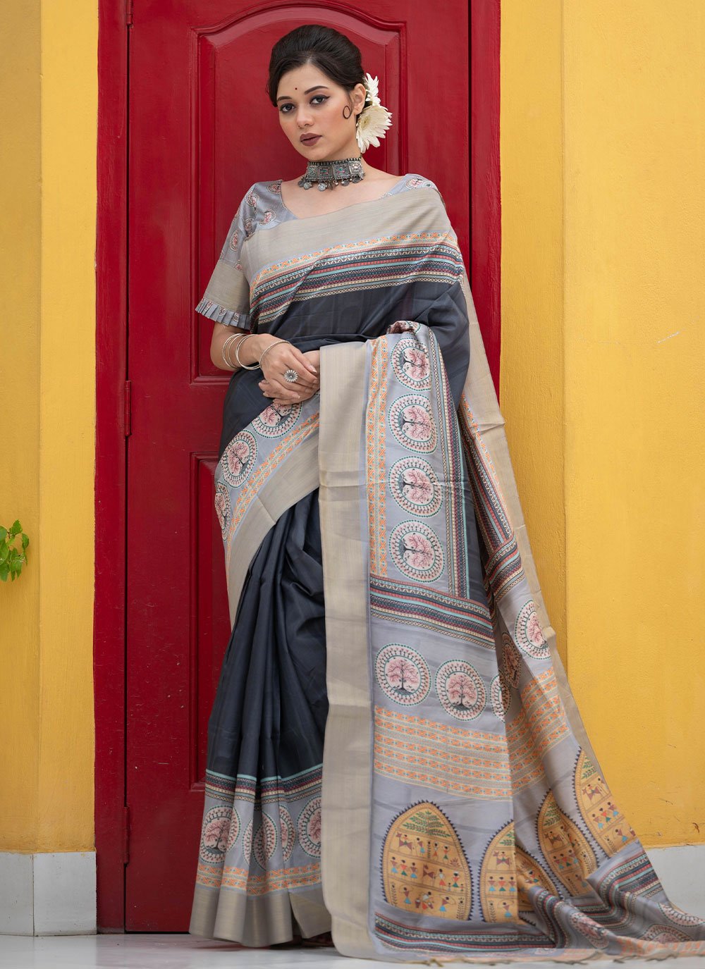 Tussar Silk Casual Saree in Black Enhanced with Woven