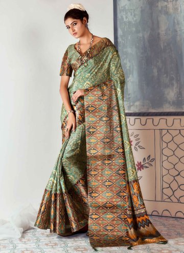 Tussar Silk Casual Saree in Green Enhanced with Printed