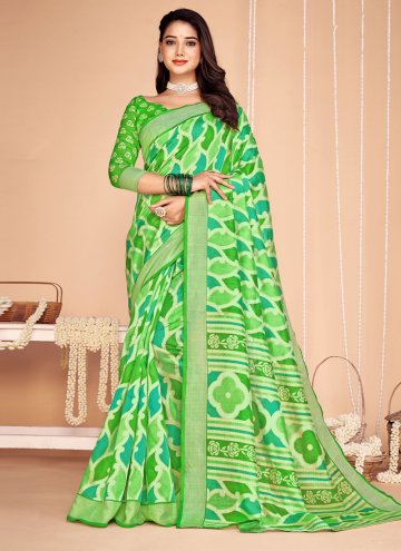 Tussar Silk Casual Saree in Green Enhanced with Printed
