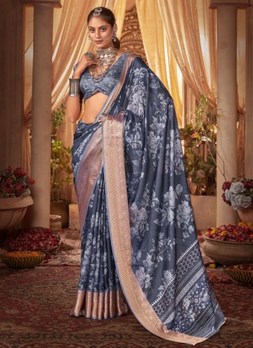 Tussar Silk Classic Designer Saree in Blue Enhanced with Floral Print