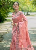 Tussar Silk Classic Designer Saree in Peach Enhanced with Embroidered - 1