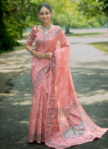 Tussar Silk Classic Designer Saree in Peach Enhanced with Embroidered