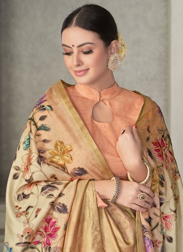 Tussar Silk Contemporary Saree in Beige Enhanced with Embroidered