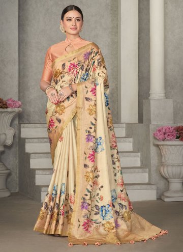 Tussar Silk Contemporary Saree in Beige Enhanced with Embroidered
