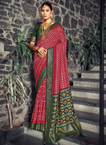 Tussar Silk Contemporary Saree in Green and Red Enhanced with Foil Print