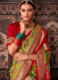 Tussar Silk Contemporary Saree in Green Enhanced with Patola Print - 1