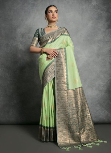 Tussar Silk Contemporary Saree in Green Enhanced with Woven