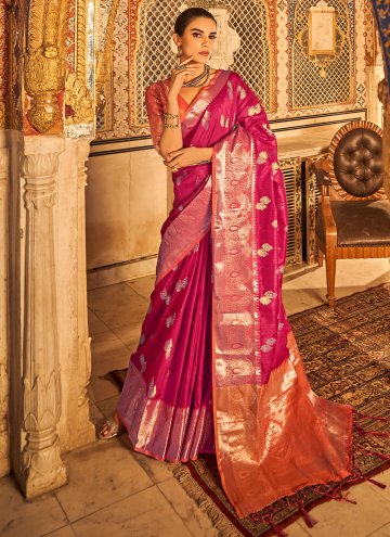 Tussar Silk Contemporary Saree in Hot Pink Enhanced with Woven