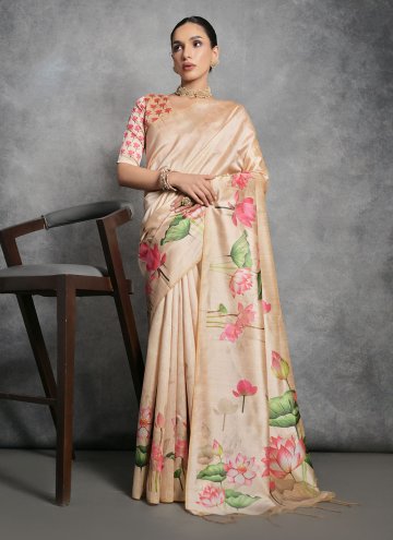 Tussar Silk Trendy Saree in Cream Enhanced with Pr