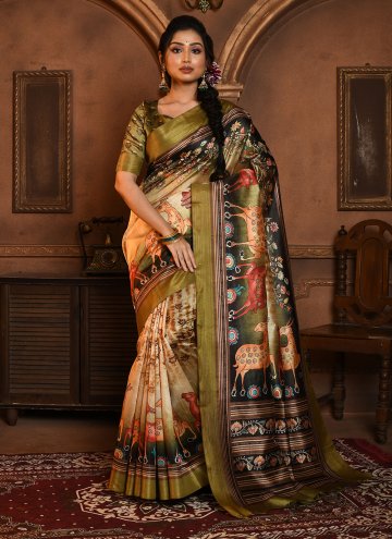 Tussar Silk Trendy Saree in Green Enhanced with Pr