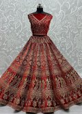 Velvet A Line Lehenga Choli in Red Enhanced with Embroidered - 1