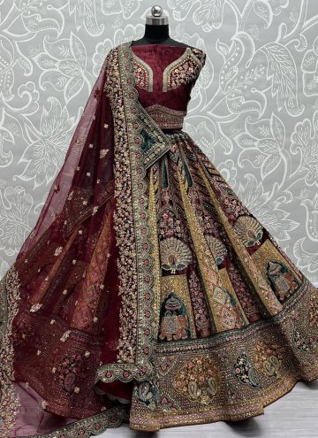 Velvet Designer Lehenga Choli in Maroon Enhanced with Embroidered