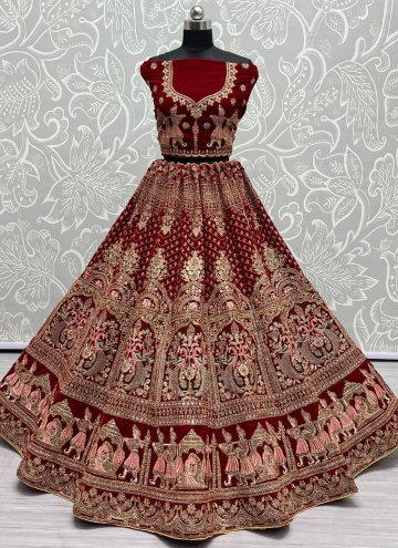 Velvet Designer Lehenga Choli in Red Enhanced with Diamond Work