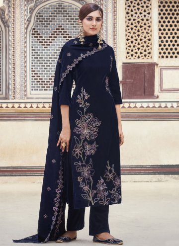 Velvet Designer Salwar Kameez in Navy Blue Enhanced with Embroidered